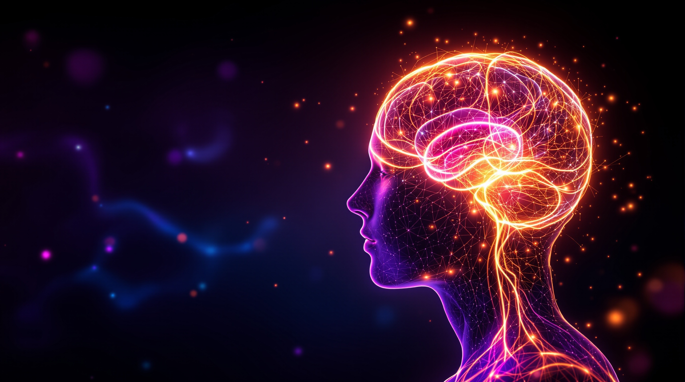Emotion — a luminous human figure of light with a glowing heart and brain interwoven by streams of colored light, a feeling being assembled from body and mind