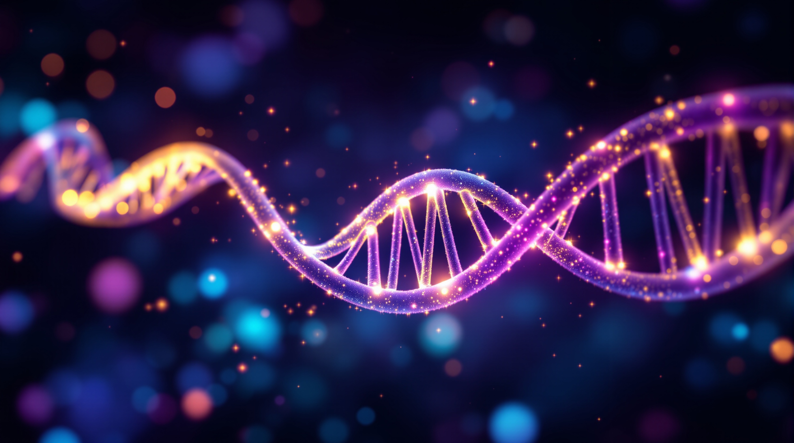 Epigenetics — a luminous DNA double helix winding around glowing histone spools, dotted with bright chemical methyl marks above the genes
