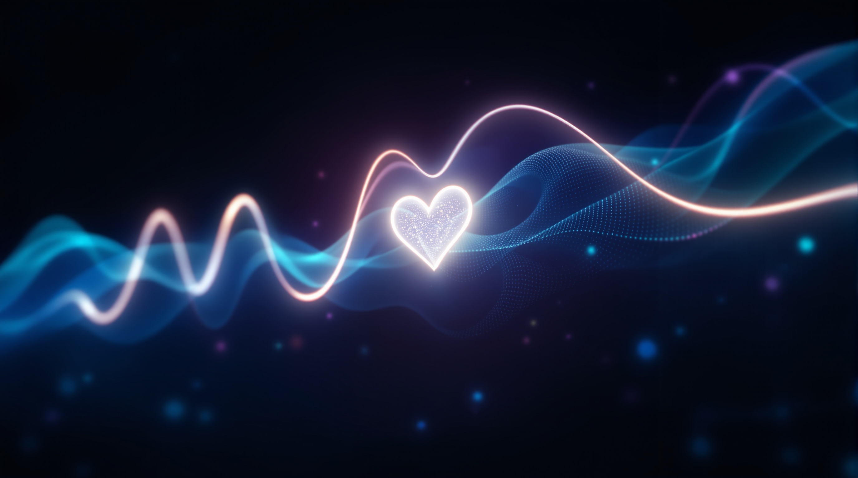 Heart rate variability — a luminous pulse waveform of light with subtly varying beat-to-beat spacing, a glowing heart and breath rhythm woven through it