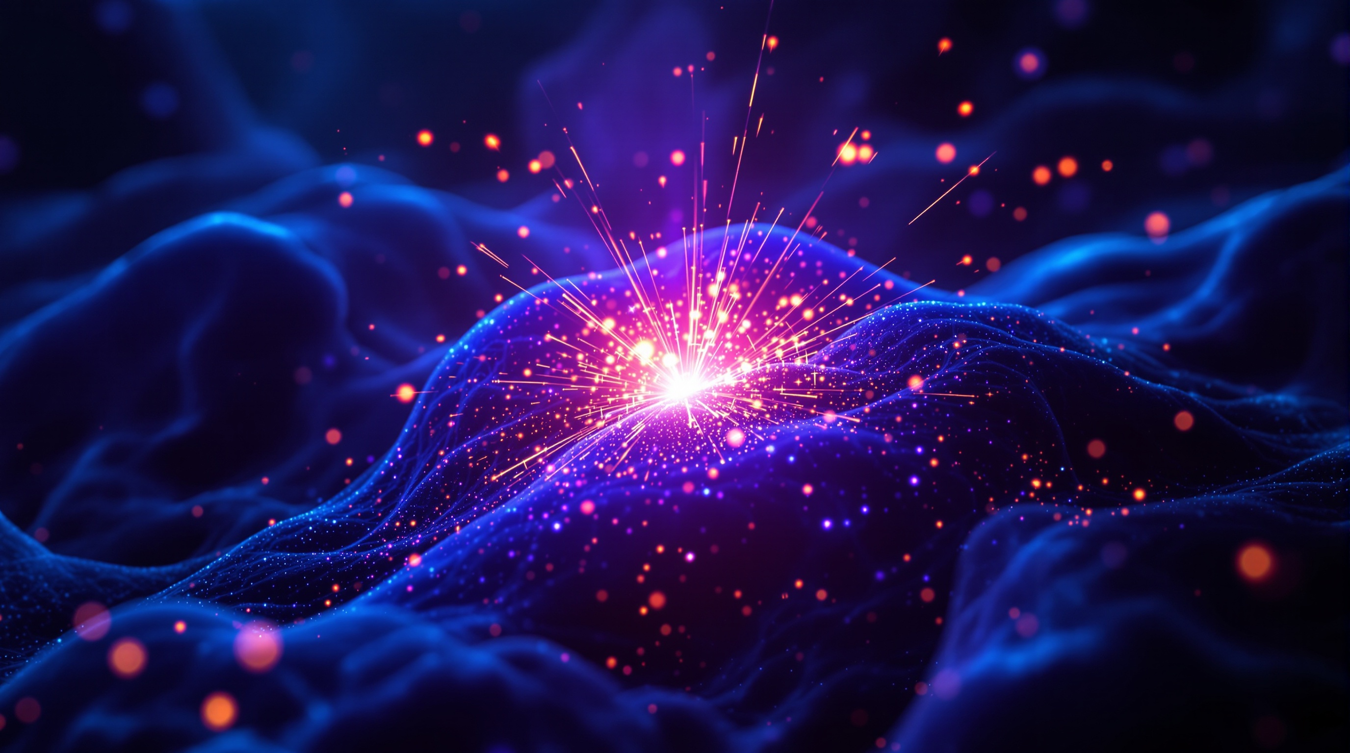 Inflammation — a controlled fire of light in living tissue, immune cells converging on a bright wound