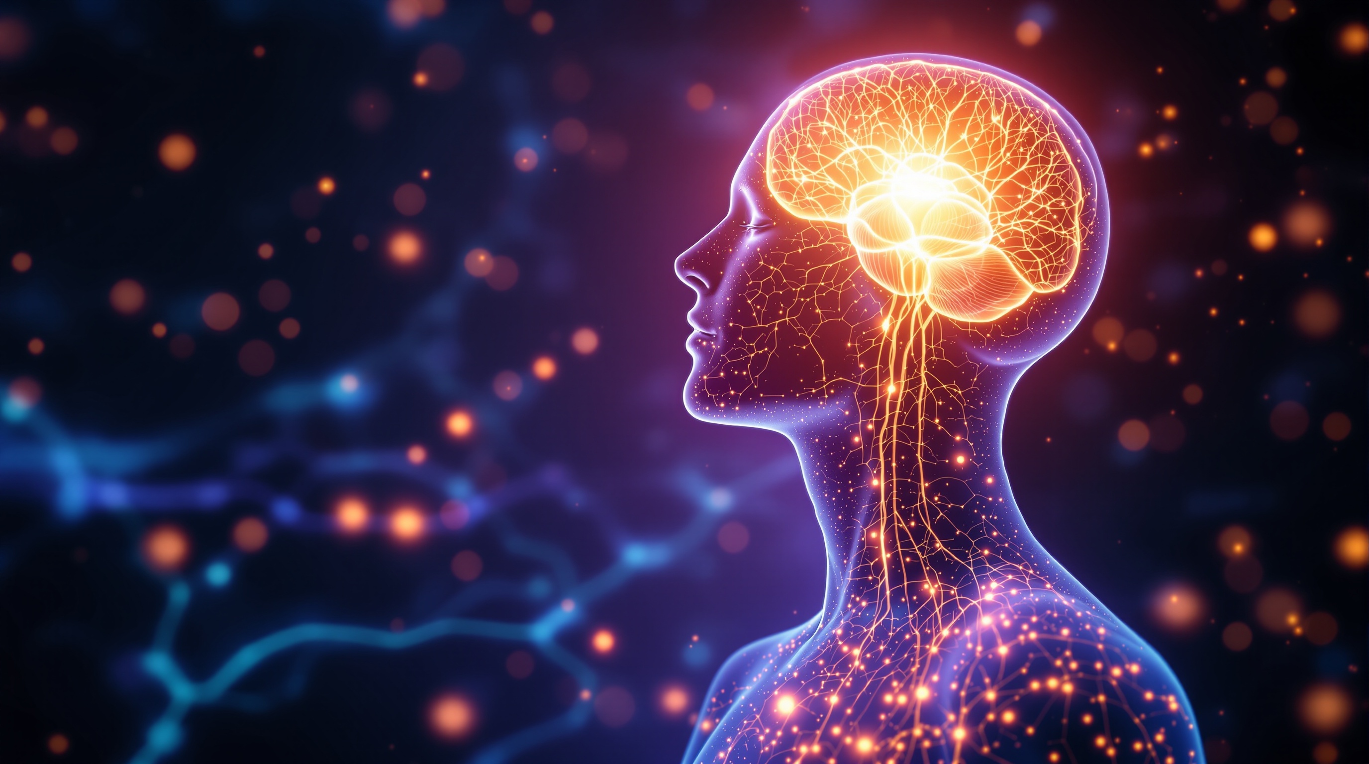 Interoception — a luminous human figure of light turned inward, glowing afferent filaments rising from heart, lungs, and gut toward a bright insular region of the brain