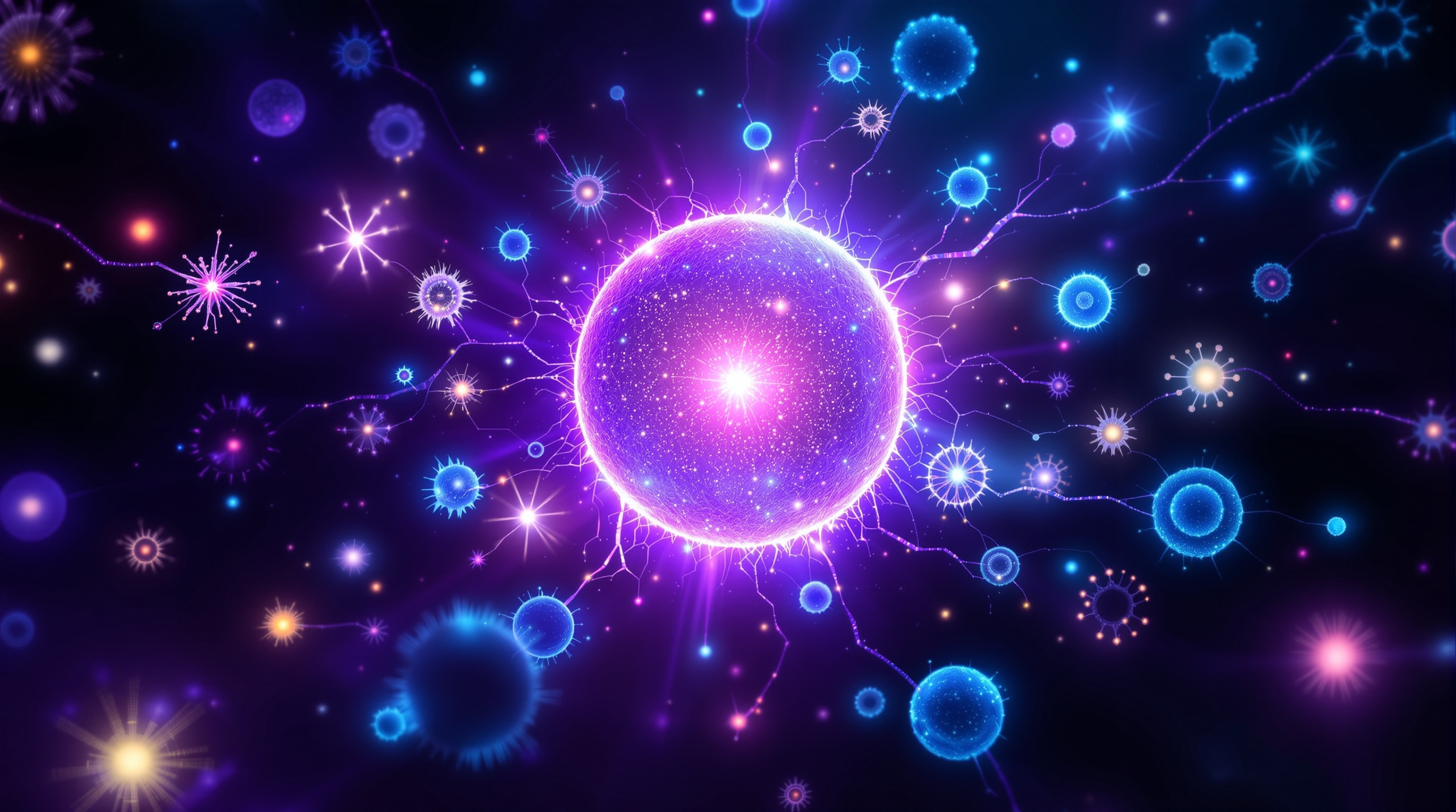Stem cells — a luminous unspecialized cell branching into many kinds of specialized cells of light