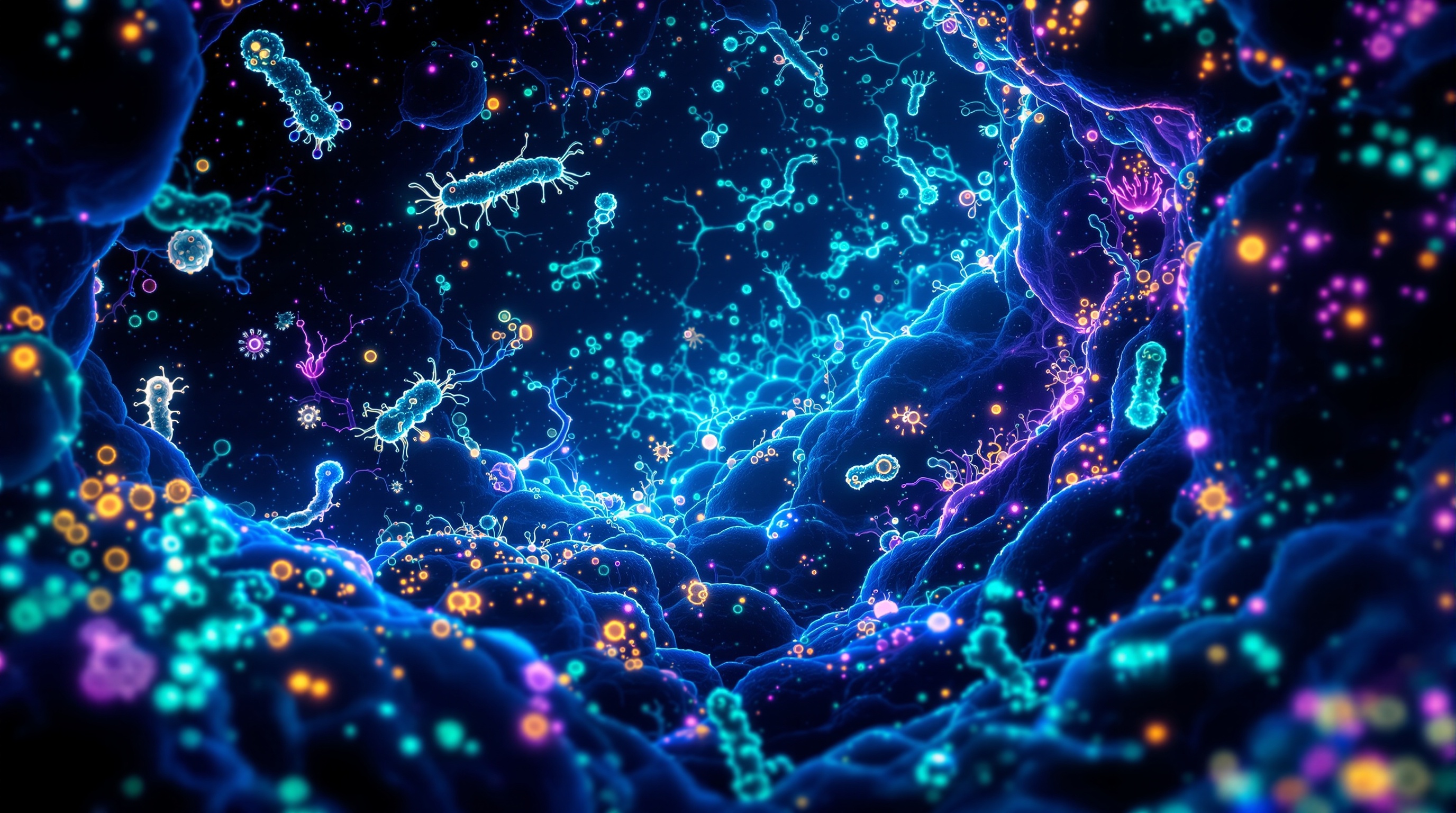 The microbiome — a luminous teeming ecosystem of microbial life, glowing bacterial colonies in cyan and violet threaded through a landscape of light