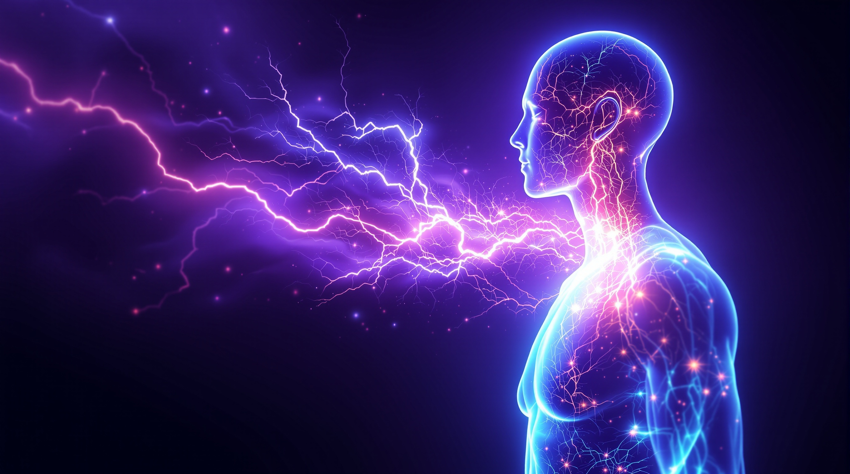 The stress response — a luminous alarm firing through the body, a fast bright surge and a slower hormonal wave