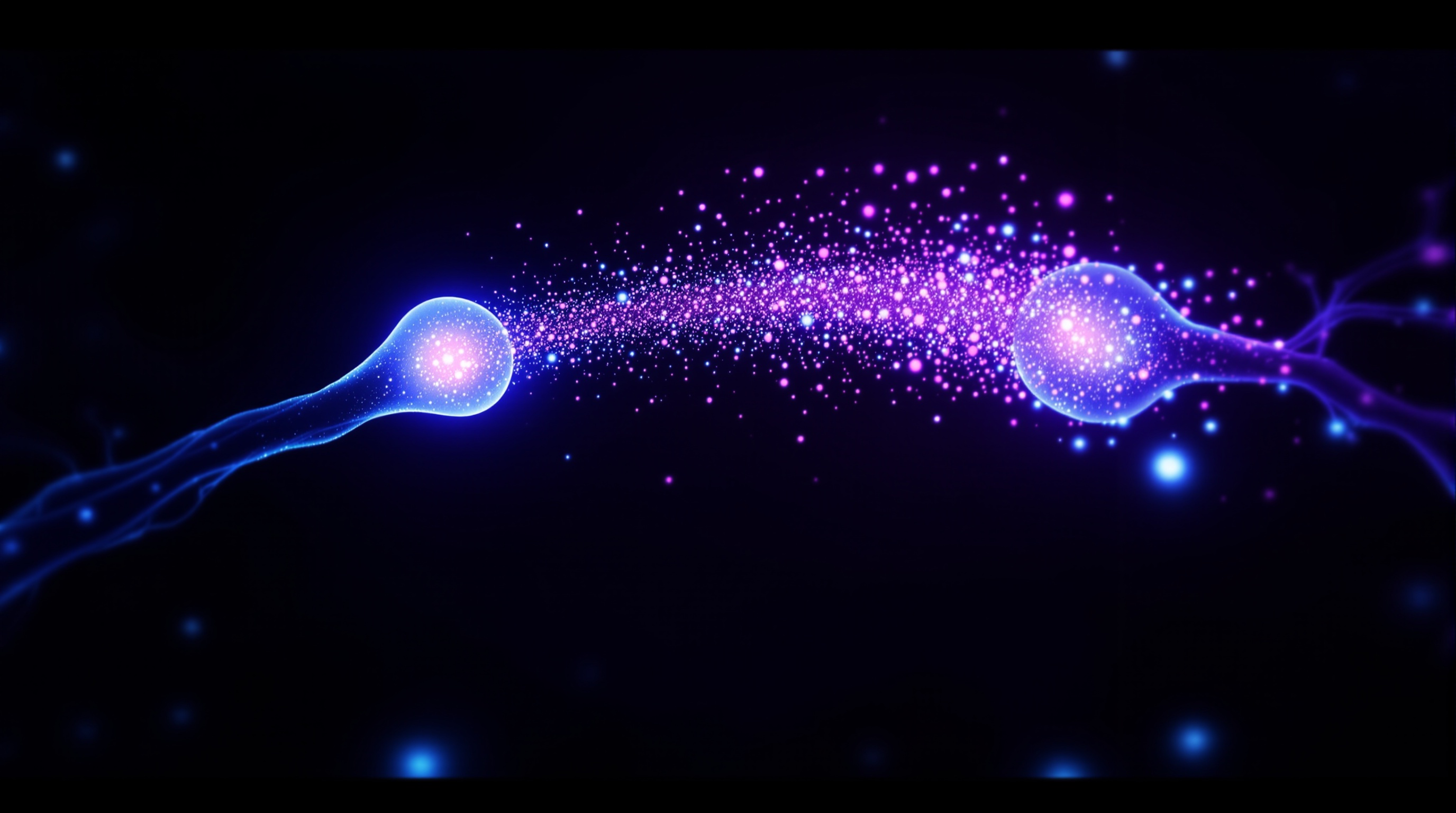 The synapse — a luminous cleft where glowing neurotransmitter crosses from one neuron terminal to the next